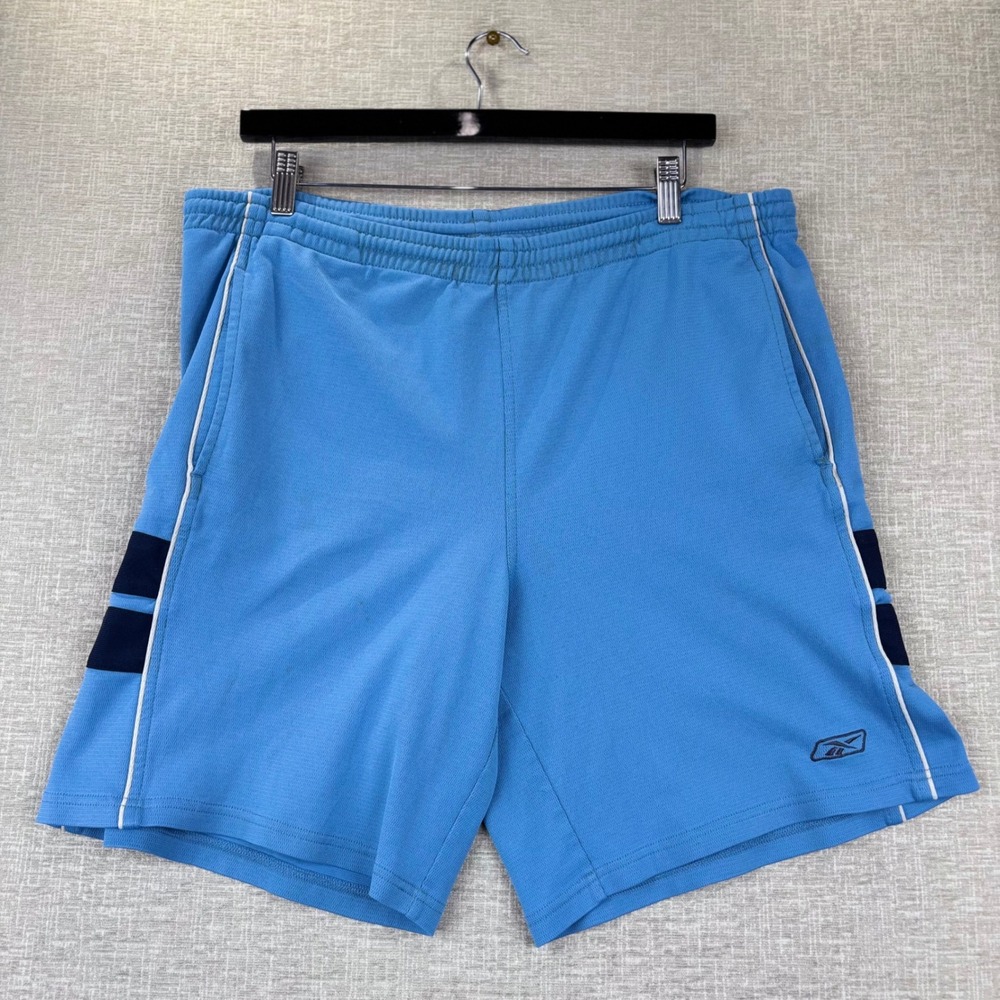Y2K Reebok Mens Size Large Athletic Shorts Light Blue Navy Stripe Mesh Pockets